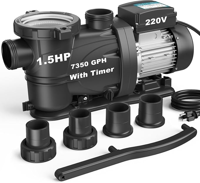 1.5HP In/Above Ground Pool Pump with Timer, 7350GPH High Flow 220V Powerful Self Primming Swimming Pool Pumps with Filter