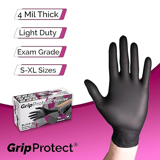 GripProtect Precise Black Nitrile Gloves 4 Mil – Chemical Resistant Nitrile Gloves with Textured Grip for Mechanics, Tattoos, Food Prep & Cleaning – Medical Disposable Gloves, Medium Bulk Case of 1000