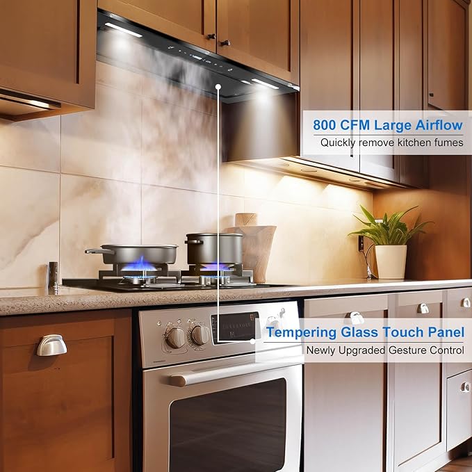 JOEAONZ Range Hood Insert 30 Inch 800 CFM, Built-in Vent Hood Black Glass Gesture & Touch Control Kitchen Exhaust Fan, Mesh Filters Recirculating Stove Hood Dual LED Lights Ducted/Ductless Convertible