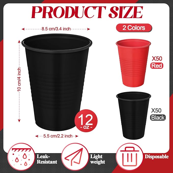 Funnymoom 100 Pcs Casino Theme Party Cups Poker Disposable Plastic Red Black 12 oz Drinking Water Beverage Cups for Wedding Birthday Graduation Halloween Casino Party Supplies