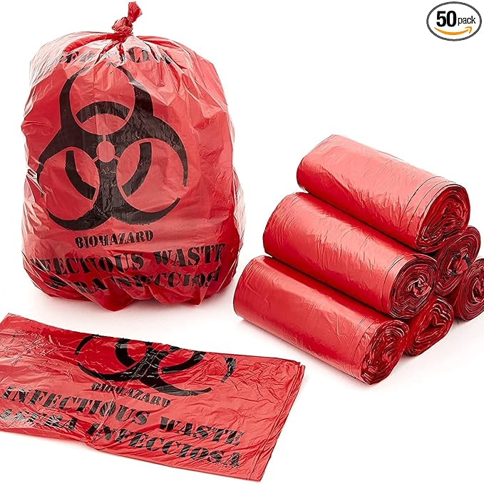 Bits N Things Infectious Biohazard Red Waste Bags Hazardous Trash Can Liners | Medical Grade No Leak Bags | Great for Lab Containers, Swabs, Pads, Gloves | 50 Count - 40" x 48" (40-50 Gallon)