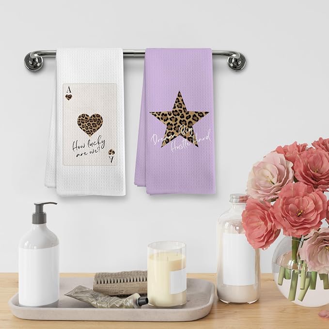 Trendy Leopard Cheetah Print Poker Lucky 8 Ball Bathroom Decor, Preppy Purple Leopard Dorm Decor Dish Hand Towels for Bathroom Kitchen Sets of 2, Cheetah Kitchen Towels and Dishcloths,16x24in