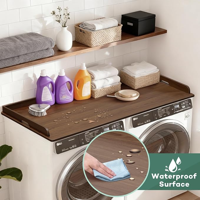 Washer Dryer Countertop, 54 x 27.5 Inch Washer Dryer Topper, Laundry Topper for Washer and Dryer, No Installation MDF Top with Raised Edge, Walnut