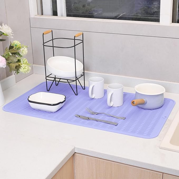 MicoYang Silicone Dish Drying Mat for Multiple Usage,Easy clean,Eco-friendly,Heat-resistant Silicone Mat for Kitchen Counter or Sink,Refrigerator or Drawer Liner Light Purple 4XL 32 inches x 18 inches