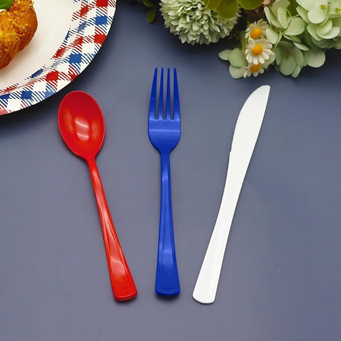 153Pcs Red White and Blue Plastic Silverware, 4th of July Silverware, Red White Blue Utensils Set Includes Spoons, Forks and Knives for 4th of July, World Cup, BBQs & Picnics