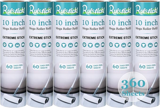 10 inch Large Lint Roller Refill Compatible with Evercare Layers Smart Design Mega Lint Rollers for Pet Hair Extra Sticky 60 Sheets per Refill, 6 Pack, 360 Sheets Total