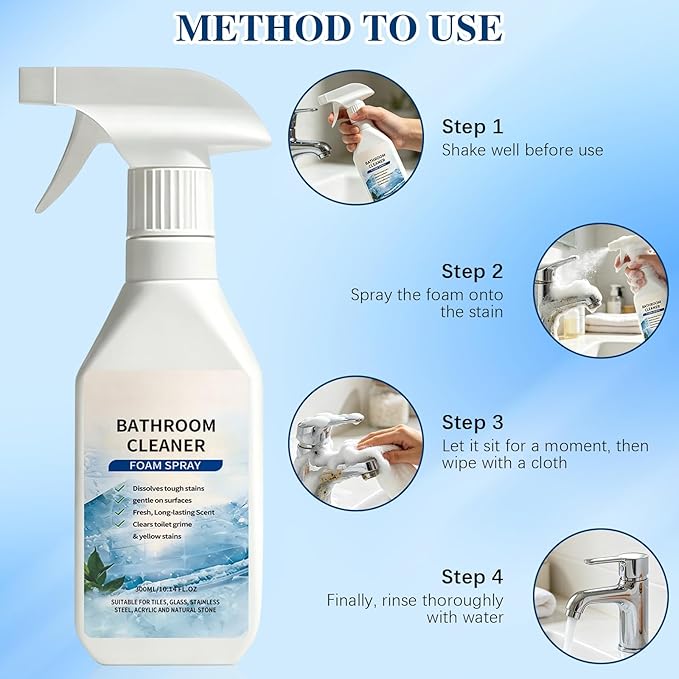 Scale Remover Bathroom Cleaner Foam Spray,Powerful Stubborn Stains Bathroom Cleaner Foam,Suitable for Tiles,Glass,Bathtub,Porcelain(1PCS)
