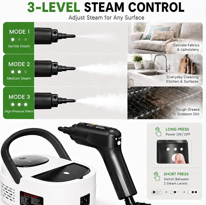 Handheld Steam Cleaner for Home, 2500W High Pressure Steam Cleaner for Car Detailing, 3 Steam Levels, 1600Ml Tank, High Heat Steamer for Bed Bugs, Couch, Furniture, Kitchen, Bathroom, Floors