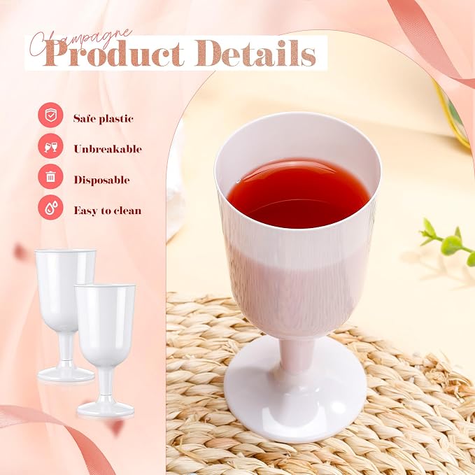 Jingmore 96 Pcs Plastic Wine Glasses with Stem 7 oz White Plastic Goblets for Party Disposable Wine Cup Champagne Flutes Drinking Glass for Wedding Toasting Birthday Party Supply