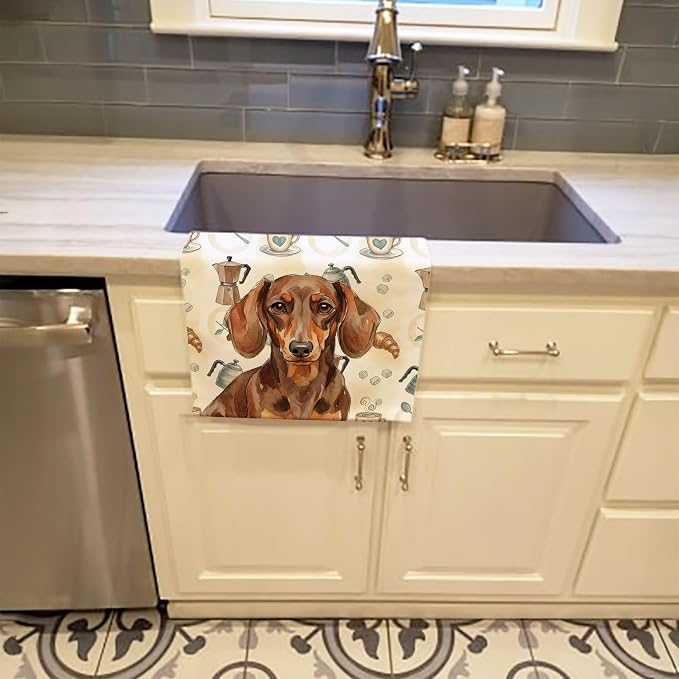 Caroline's Treasures Chocolate and Tan Dachshund Coffee Bar Kitchen Towel Velour Plush Front and Cotton Loop Back Machine Washable