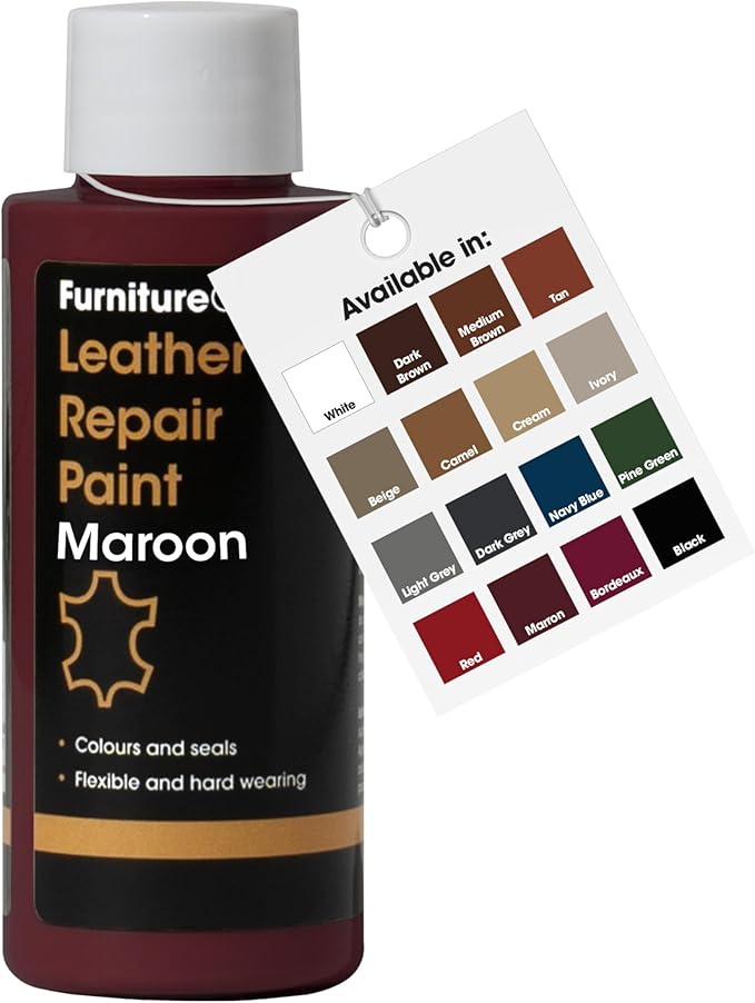 Furniture Clinic Leather Repair Paint | 2-in-1 Seal and Color | Use on Scratches, Tears, and Holes in Car Seats, Furniture | Quick and Easy Leather Repair Kit for Furniture (Maroon, 50ml / 1.7oz)
