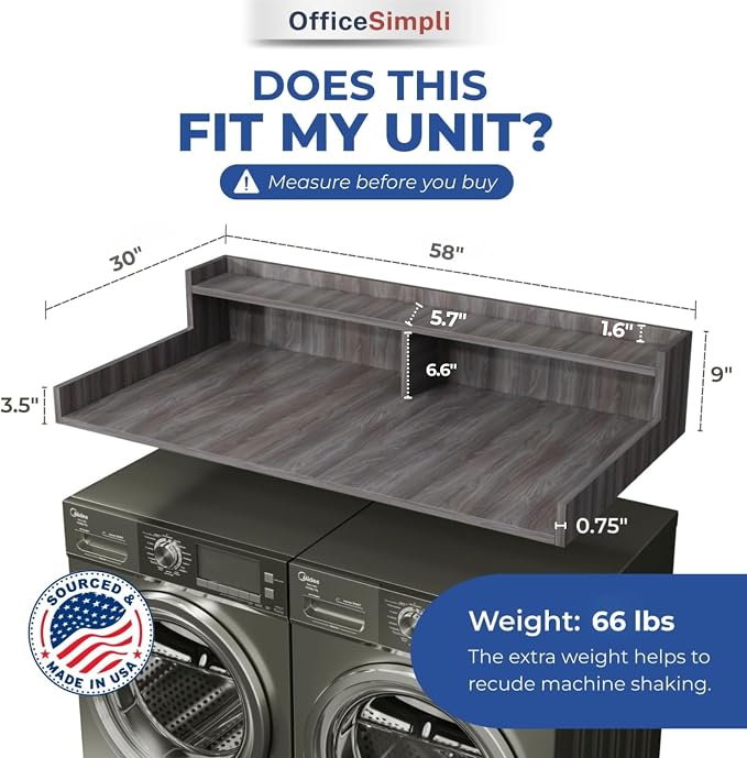 OfficeSimpli Large Washer Dryer Countertop with Shelf - 30 x 58 Inch - Made in USA Laundry Countertop Over Washer and Dryer with Non-Slip Pads, Storage Shelf, Laundry Topper Organizer, Iconic Maple
