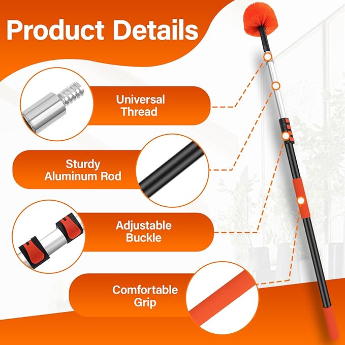 26FT Reach Cobweb Duster with Extension Pole - Spider Web Brush with 5-20 FT Telescopic Aluminum Pole, Washable & Reusable Soft Bristles for Cleaning High Ceiling Corner, Indoor, Outdoor