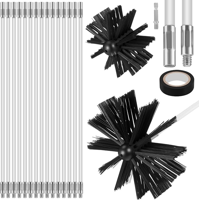 Didiseaon 20FT Chimney Sweep Kit: Dryer Vent Cleaner & Fireplace Cleaning Brush - Heavy Duty Wire Heads for Stubborn Soot, Duct Cleaning Kit with Drill Attachment, 15 Flexible Rods