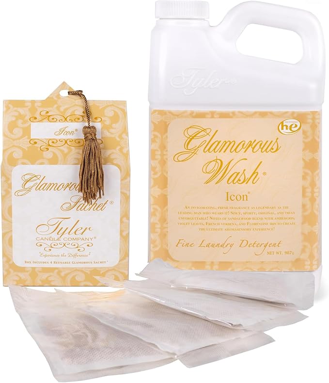 Elanze Designs Tyler Candle ICON - Glam Wash - 32 Ounce Liquid Laundry Detergent and Scented Sachet Bundle