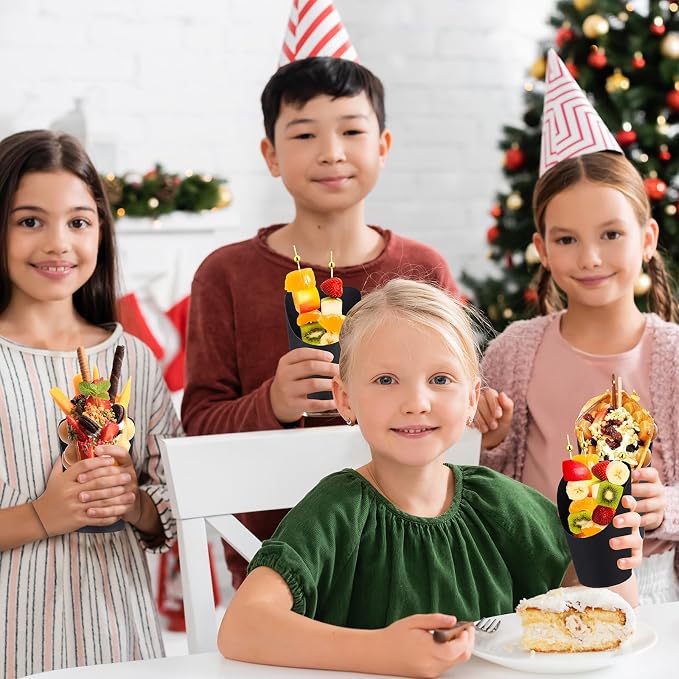 Bokon 100 Set 14 oz Charcuterie Cup with Stick and Bag, Disposable French Fries Snack Popcorn Dessert Fruit Holder for Birthday Wedding Graduation Party Supplies(Black)