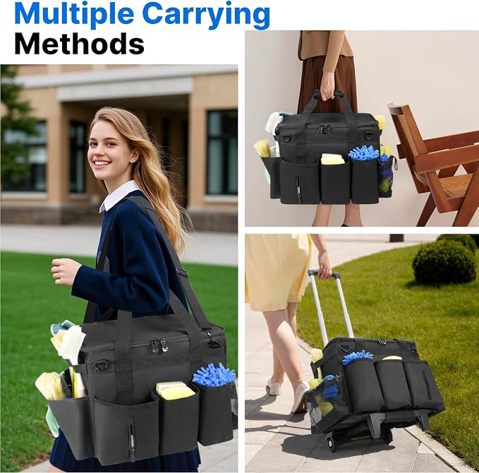 28.5L Large Cleaning Organizer Caddy with Wheels,Cleaning Bags with Detachable Trolley,Cleaning Supplies Bag Built-in Hard Support Board,Waterproof,Multiple Storage Pockets for Housekeepers