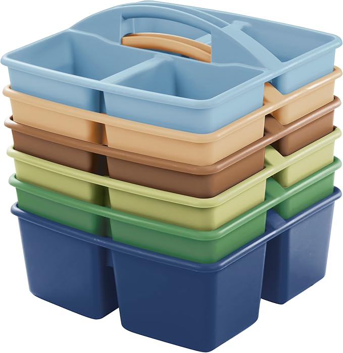 ECR4Kids 4-Compartment Medium Plastic Caddy, Multipurpose Organization, Earthtone, 6-Pack