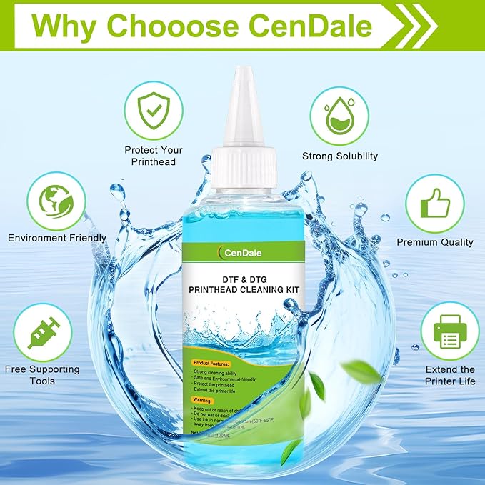 CenDale Premium DTF Printhead Cleaning Solution - Universal Printhead Cleaner Kit for Any DTF & DTG Printers, Print Head Cleaning Kit for Epson ET8550 L1800 XP15000 R1390 XP600 Ink Printer (100ML)