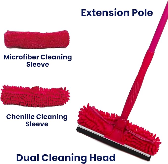 Microfiber Window Cleaner – Dual Heads & Telescoping Handle (Raspberry)