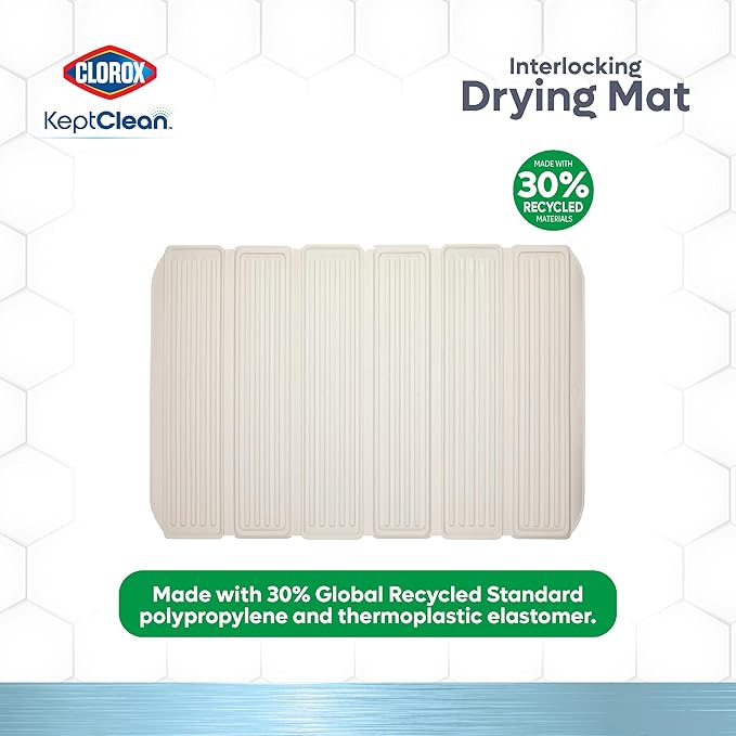 CLOROX KeptClean Interlocking Non-Slip Dish Drying Mat – Flexible, Foldable, Durable, Quick-Dry Mat, Interlocking Panels for Various Drying Elevations, Folds Compact for Storage - Almond Cream