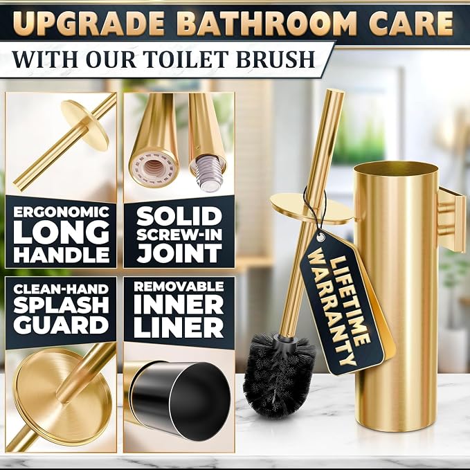 Gold Toilet Brush and Holder Set with Wall Mount - Modern Wall Mounted Toilet Brush Made from Corrosion-Resistant Stainless Steel - Removable Inner Bowl, Splash Protection & Dense Bristles Supplied