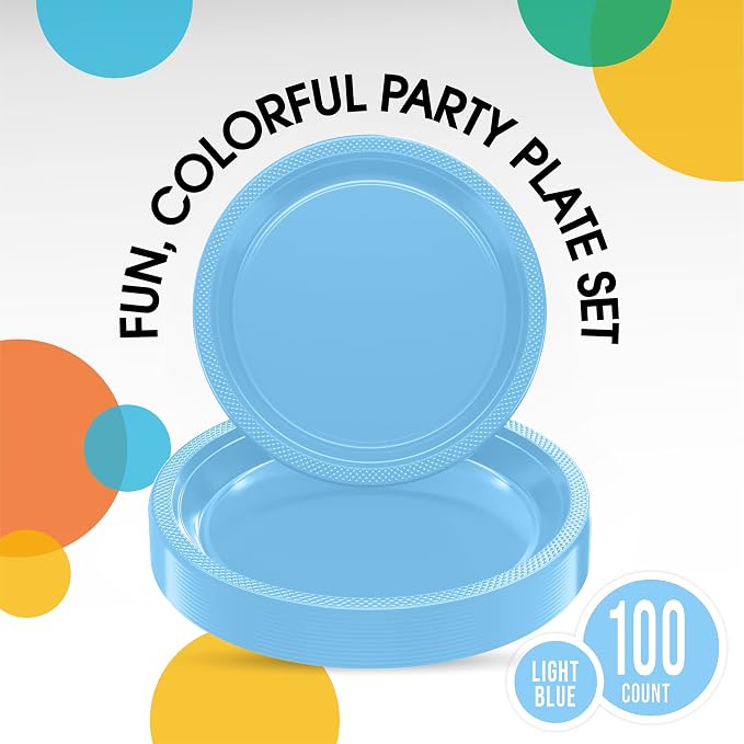 Exquisite Party Solids Light Blue Plates Disposable Light Blue Plastic Plates 100 Pieces - 50-7" & 50-9" Heavy Duty 350 GSM Disposable Dinnerware Sets, Plastic Dinnerware Sets