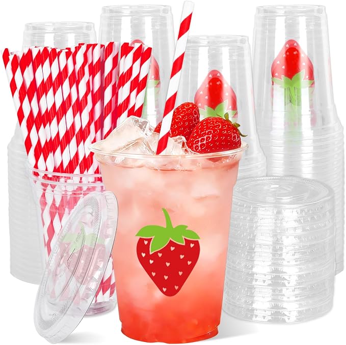 Whaline 50Pcs Strawberry Disposable Plastic Cups with Lids and Straws 12 Oz Red Summer Fruit Cold Beverage Drinking Cups for Sweet One First Birthday Baby Shower Party