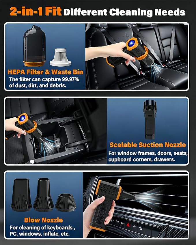 Compressed Air Duster, 130K RPM Powerful Cordless Mini Blower with Display, 10-Gear Adjustable Car Vacuum with Fast Charging, Rechargeable Handheld Vacuum for Home, Outdoor and Car (Black, 2-in-1)