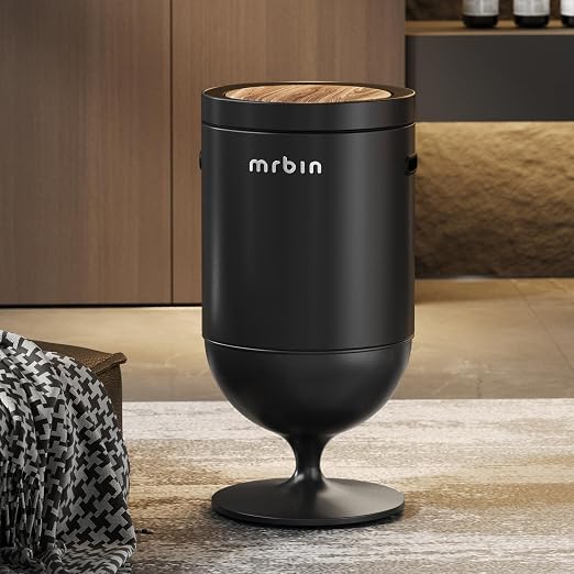 MRBIN Metal Motion Sensor Trash Can with Lid, 5.3 Gallon Wine Glass Shaped Automatic Waste Basket Touchless, Smart Round Tall Garbage with High Leg for Office, Bedroom, Kitchen, Black