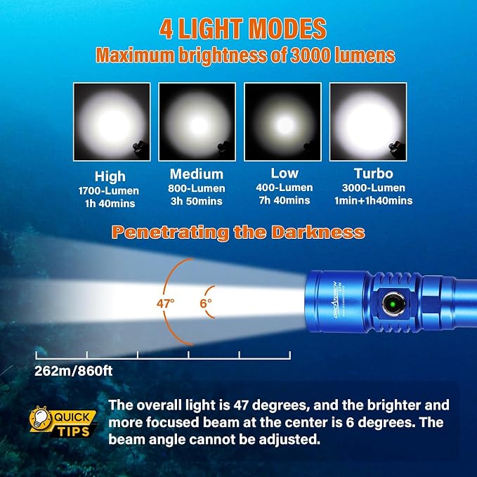 ORCATORCH D710 Scuba Diving Light, 3000 Lumens Super Bright Underwater Flashlight with 6 Degrees Narrow Beam, IP68 Waterproof Night Dive Torch 150 Meters Submersible Light (Blue)