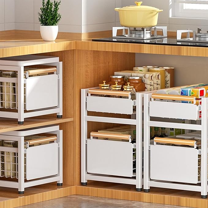 2 Tier Pull-out Storage Organizer, Slide Out Kitchen Cabinet Storage Sliding Shelves, Under Sink Organizers Drawer, Mesh Cabinet Basket with Handle for Bathroom, Home(Gray,Double Layer L)
