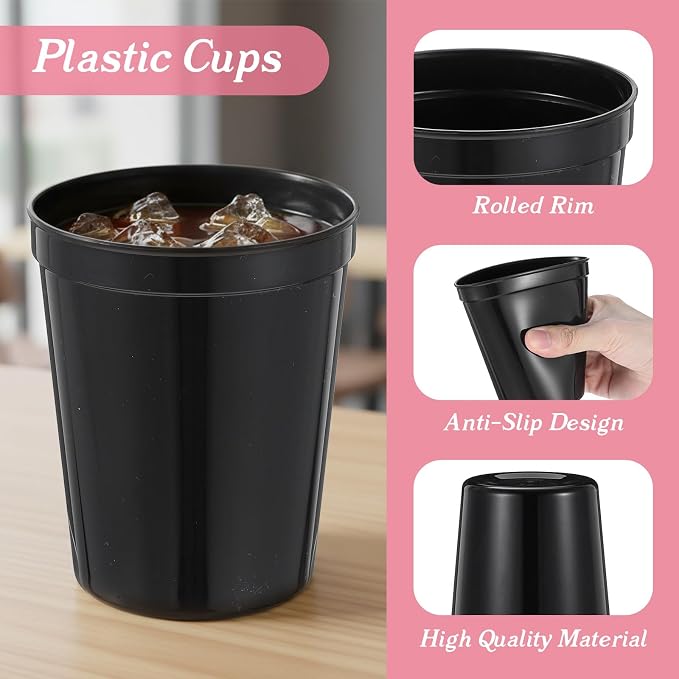 48 Pcs Plastic Cups for Party 16 oz Plastic Stadium Cups Bulk Blank Reusable Drink Tumblers Large Drinking Cup for Wine Coffee Beer Water Picnics Party Supplies (Black)