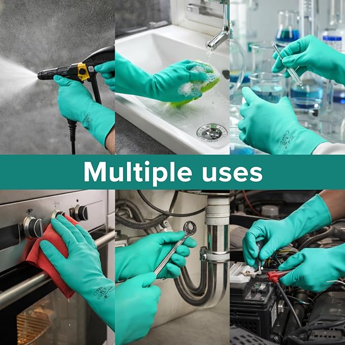 HandLove Chemical Resistant Nitrile Gloves, 18 Mil, 13 Inch Long, Latex-Free Reusable Cleaning Gloves with Non-Slip Grip for Dishwashing, Household Cleaning & Automotive, 6 Pairs, Large