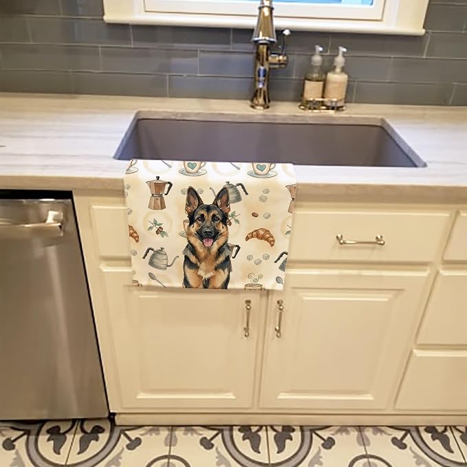 Caroline's Treasures German Shepherd Coffee Bar Kitchen Towel Velour Plush Front and Cotton Loop Back Machine Washable
