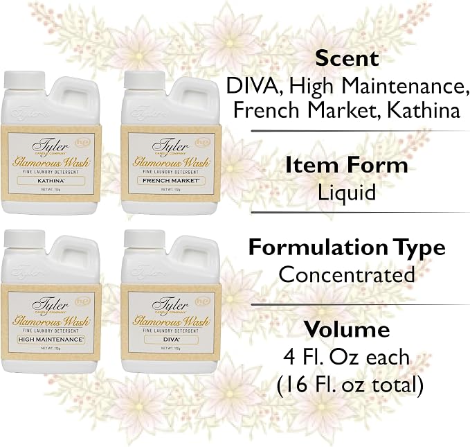 Tyler Candle Glamorous Wash Liquid Laundry Detergent Gift Set - Bundle With Stain Remover Pen - Sample 4 Pack (4 oz.) - Diva, French Market, High Maintenance, Kathina