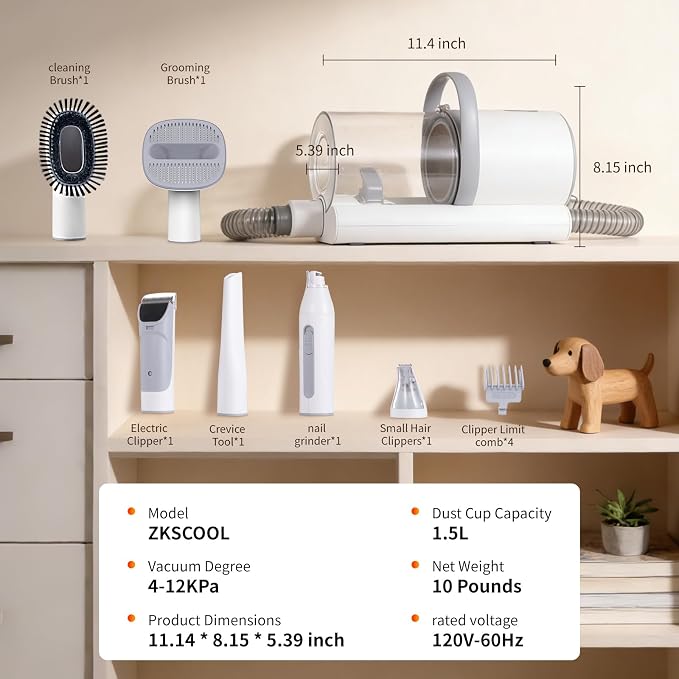 Dog Grooming Vacuum, 13000Pa Powerful with 1.5L Cup 6 in 1 Pet Electric Grooming Vacuum for with Hair Clipper & Shedding Brush, Low Noise, 3 Suction Levels for Thick Hair Cats & Dogs