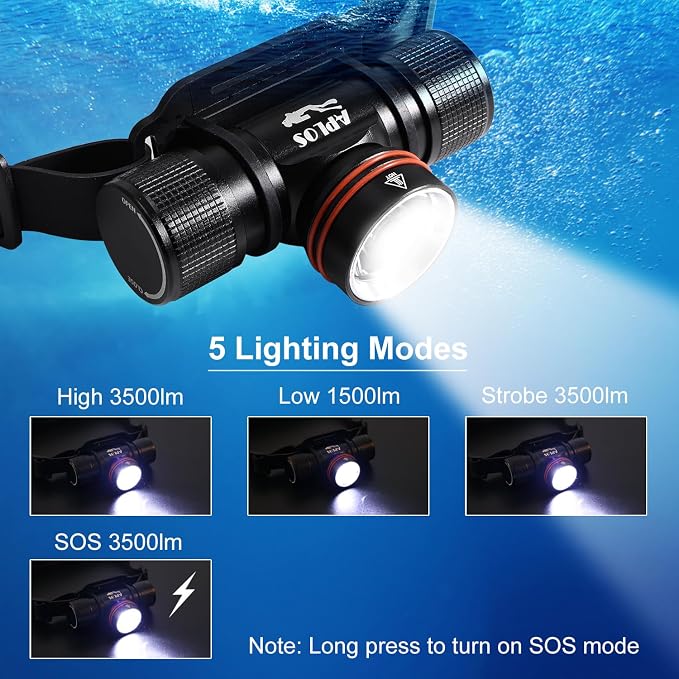 APLOS H800 Scuba Diving Headlamp, 3500 Lumens Professional Underwater Headlight with TIR Lens, Power Indicator, IPX68 Waterproof Dive Head Light Flashlight for Caving, Snorkeling, Spearfishing