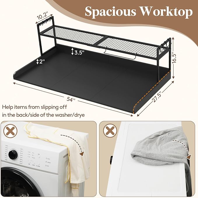 Lifewit Washer Dryer Countertop with Adjustable Shelf, Melamine Cover for The Top with Edge Rails, Towel Rack for Laundry Room Storage and Organization, Hold 200lbs, Black, 54" x 27.5"