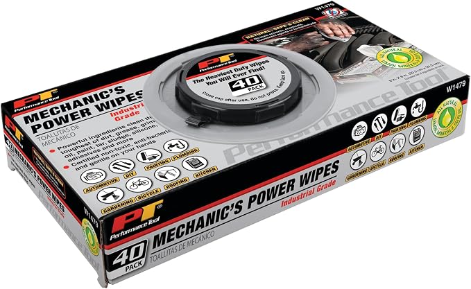 Performance Tool W1479 40Pk Industrial Mechanic Wipes - Heavy Duty Cleaning Wipes for Grease, Oil, and Grime, Ideal for Automotive and Industrial Use