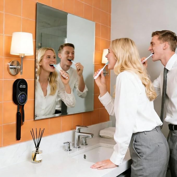 iHave UV Toothbrush Sanitizer Holder 2 Slots Wall Mounted Wave Sensor Auto | UVC+Ion 360 Dual Disinfection (No Dead Zone) • 4H Auto-Cycle (Bacteria Regrow in 4-8H) • Heat & Fan Drying • LED Time Display