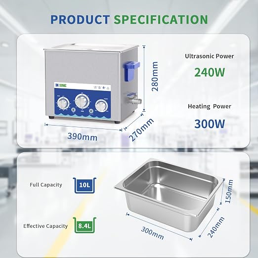 DK SONIC Industrial Ultrasonic Cleaner 10L 240W,Ultrasonic Carburetors Cleaner with Power Adjustable Function, Timer and Heater for Parts,Circuit Board,Chains Cleaning(Include Basket)