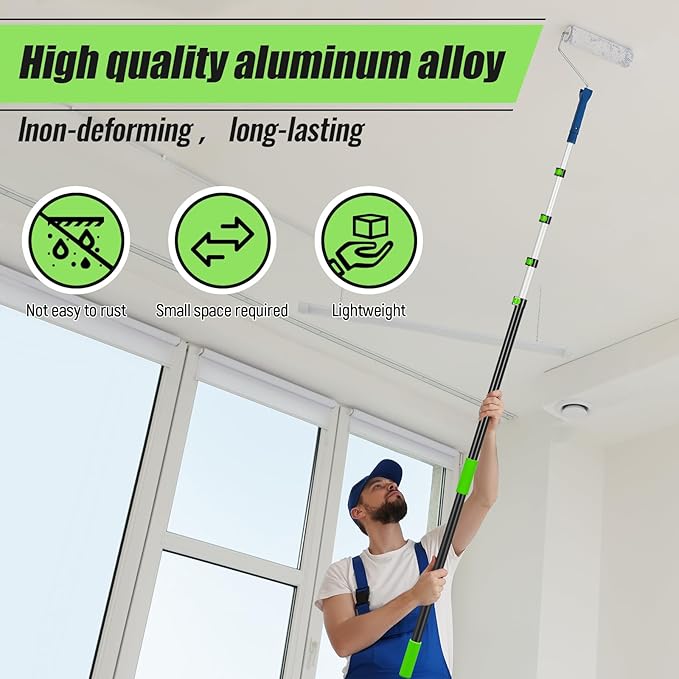 4.3-18ft Long Christmas Light Hanger Pole with Utility Hook, Telescopic Extension Pole Multi-Purpose for Christmas String Lights Installation Painting Cleaning Without Ladder (Green)