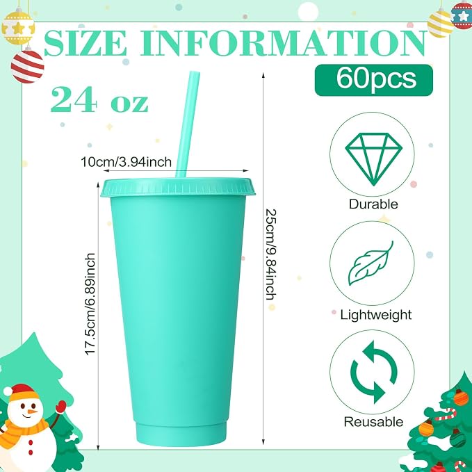 Honeydak 60 Pack Tumbler with Straw and Lid Bulk Cups for Gifts Water Bottle Iced Coffee Travel Mug Cup Reusable Plastic Tumblers for Party Birthdays 24-27 oz (Green Color)