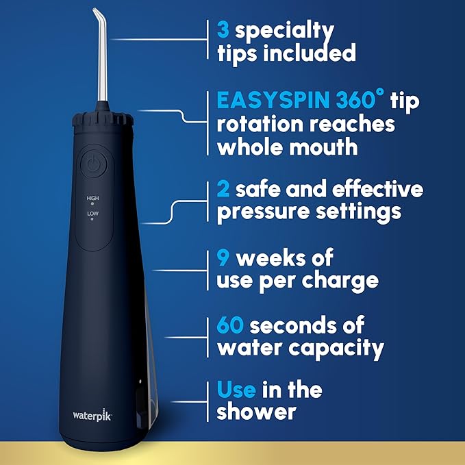 Waterpik Cordless Gem Water Flosser 5100 for Travel and Home, Rechargeable, Portable, Waterproof for Shower, Daily Gum Care, Cleaning Teeth, Braces, Implants, 3 Flossing Tips, ADA Accepted Blue WF-27