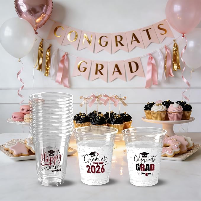 100 Pack Graduation Plastic Cups 12 oz Red Disposable Class of 2026 Decorations Graduation Party Favor Drinking Beverage Cup for Party Supplies Decorations