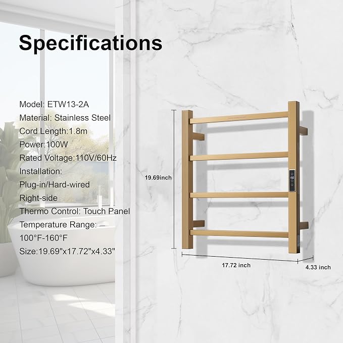 Electric Heated Towel Warmer - Wall Mounted Bathroom Towel Rack, Plug-in Design & Gold Brushed Stainless Steel Finish Gold with Timer & Temperature Control, 4 Bar