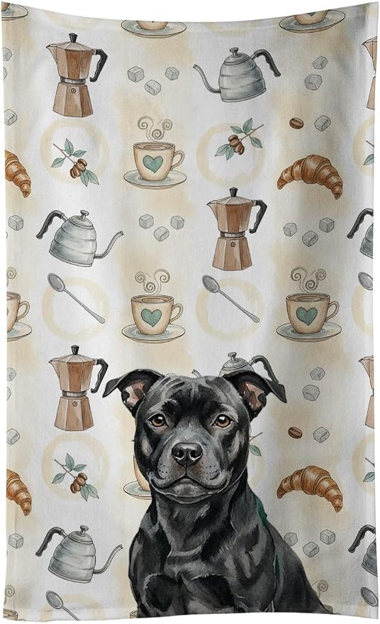 Caroline's Treasures Black Staffordshire Bull Terrier Coffee Bar Kitchen Towel Velour Plush Front and Cotton Loop Back Machine Washable