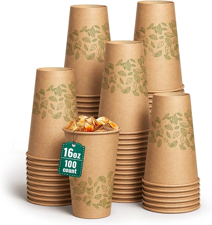 16oz 100Count Compostable Paper Cups, Plant-Based Disposable Coffee Cups with PLA Lining, Perfect for Hot & Cold Drinks, Coffee, Party, Office & Daily Use