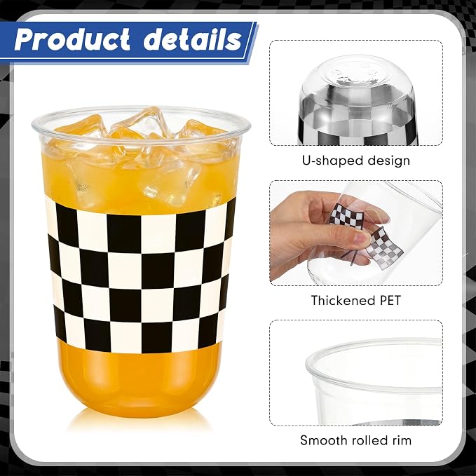 Ziliny 50 Pcs 16oz Checkered Cups Racing Party Round Bottom Plastic Cups Party Decorations, Disposable Clear White Black Checkered Flag Cup for Racing Themed Birthday Drink Supplies Decorations